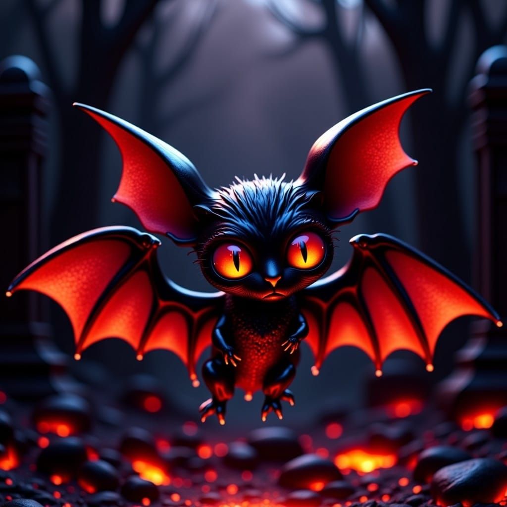 Cute Bat Flying in Graveyard with Chrome Effect