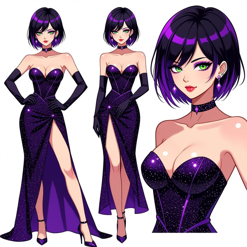 Anime Woman in Sparkling Black & Purple Dress