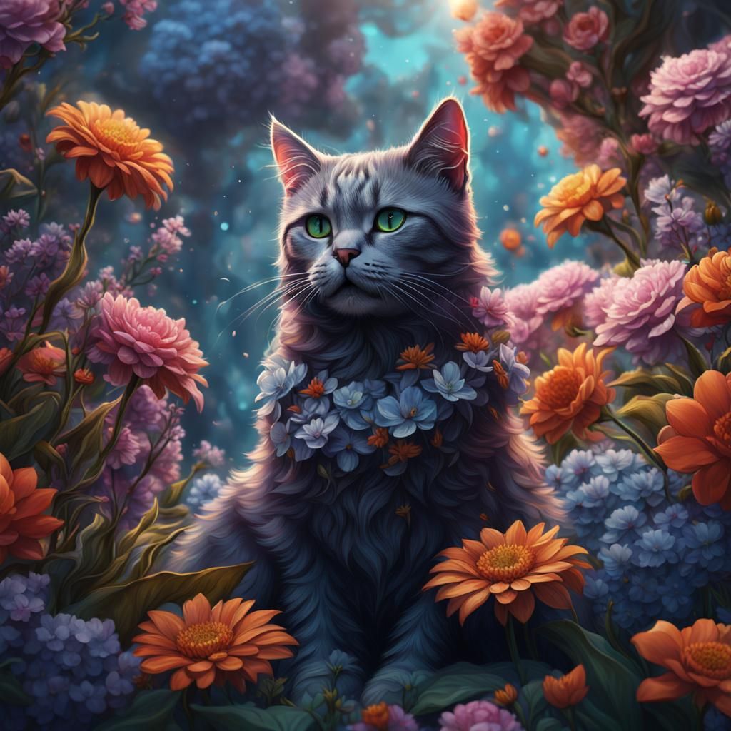 Cat Surrounded by Flowers: Detailed Digital Painting