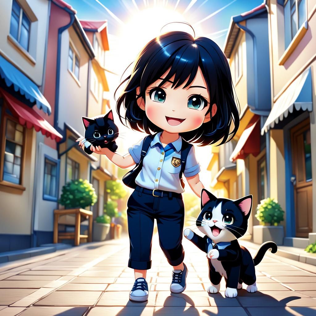Chibi Teacher with Cat in Cartoon Anime Style