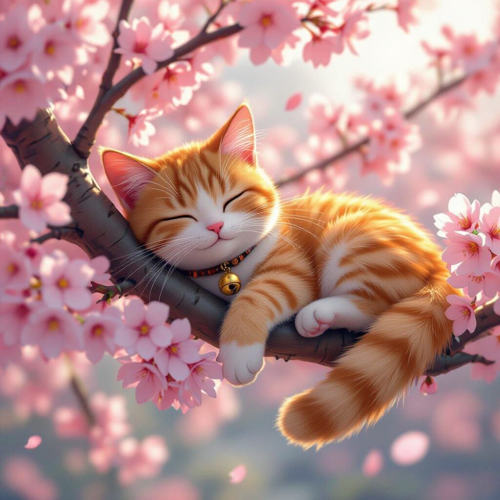 Ginger Cat Sleeping on Cherry Blossom Branch in 3D Anime