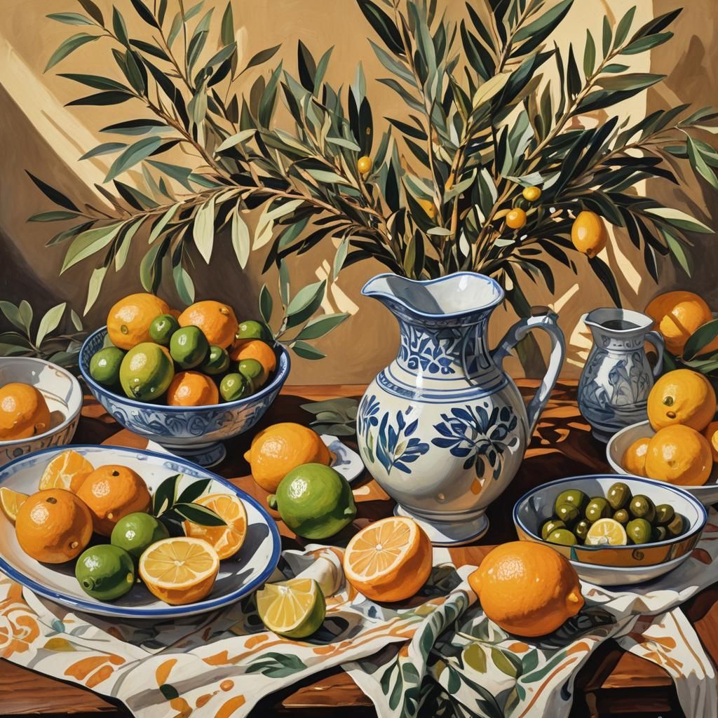 Still Life with Fruit and Oil in Gouache Style