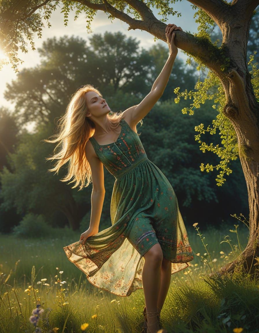 Cheeky Woman with Honey Blonde Hair Upside Down in Meadow