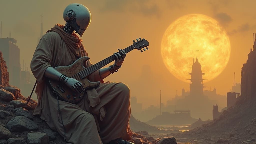 Robot Bard's Dystopian Ballad at Sunset