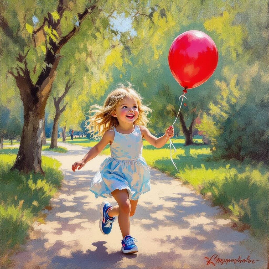 Joyful Girl Runs with Balloon in Sunny Park