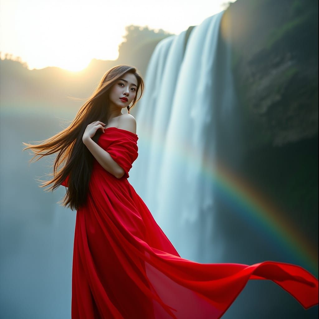 Chinese Woman in Red Silk at Sunrise Waterfall