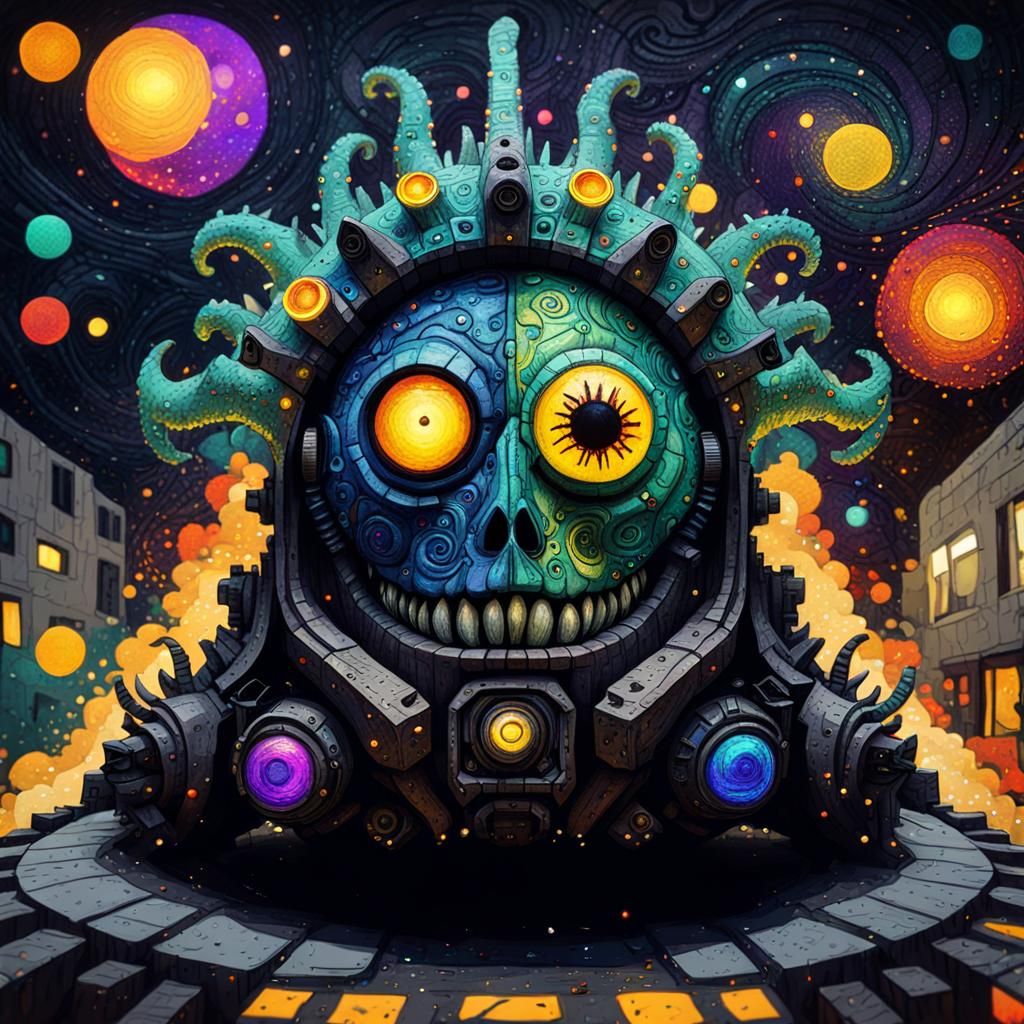 Evil Monsters in Retrowave Klimt-Inspired Street Art