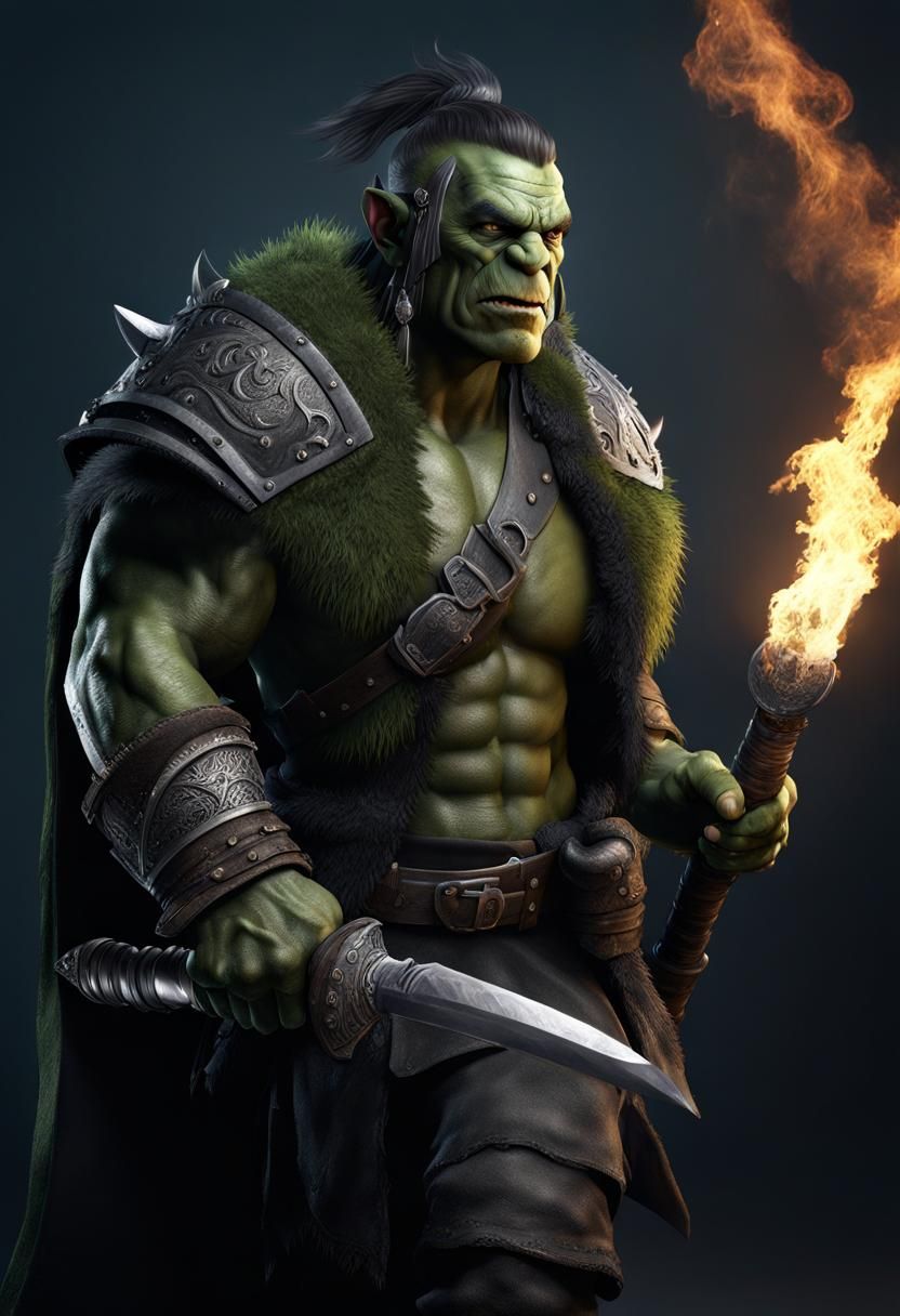 Friendly Orc Merchant Portrait in Gritty Photorealism