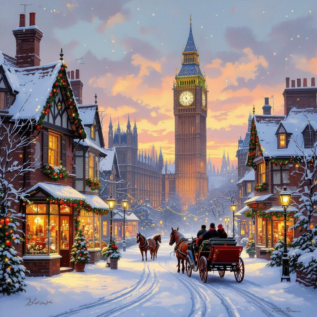 Charming Christmas Scene with Big Ben in Oil Painting Style