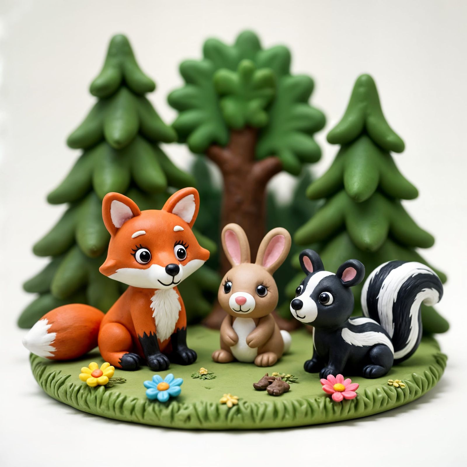 Charming Clay Forest Scene with Fox, Rabbit, and Skunk