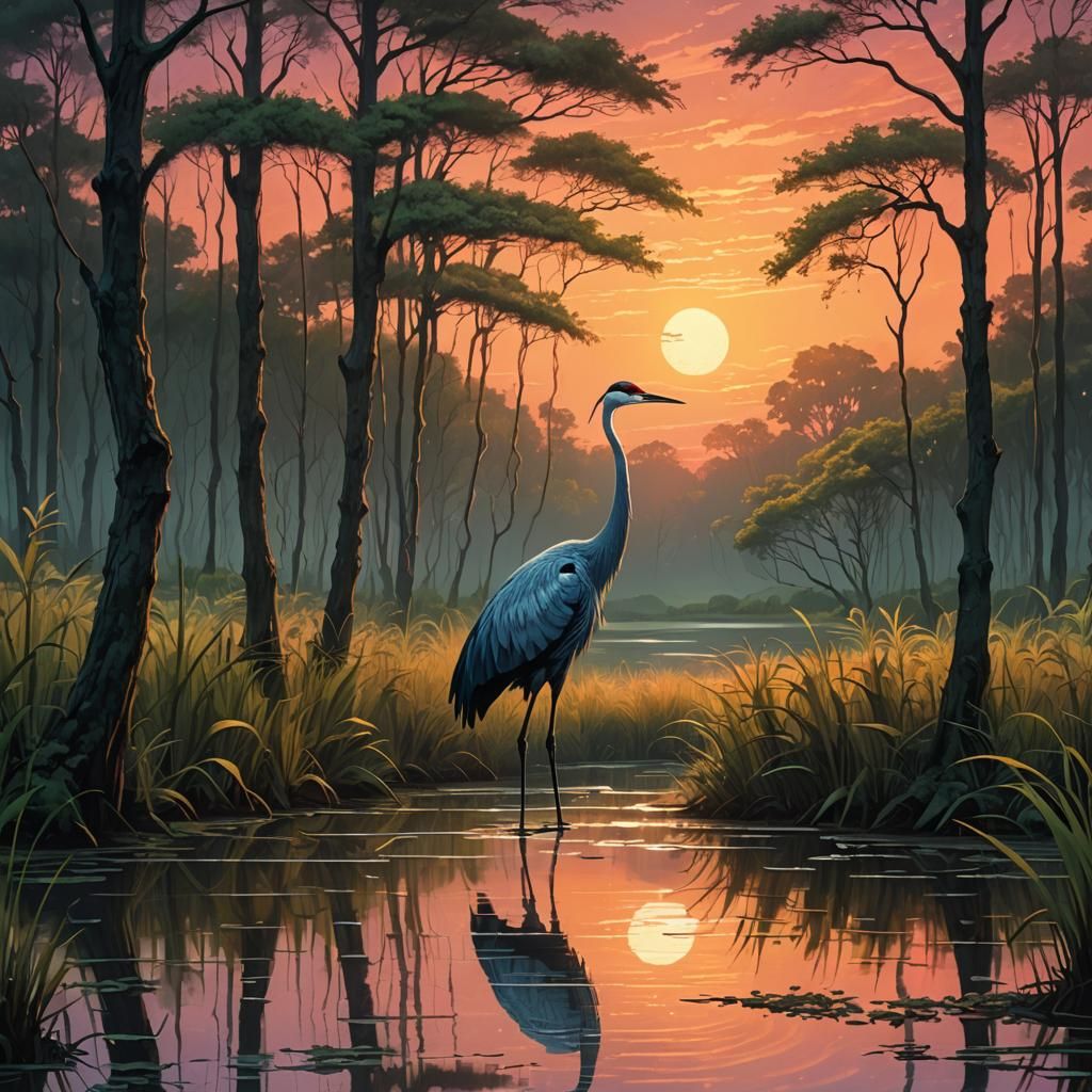 Surreal Digital Painting of a Majestic Crane in a Serene Mar...