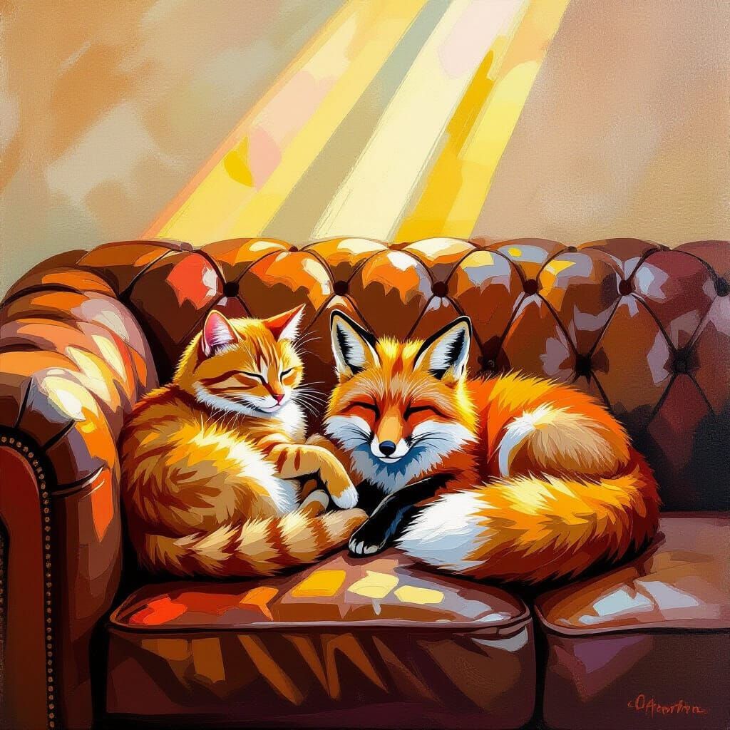 Orange Cat and Fox Relaxing on Vintage Couch