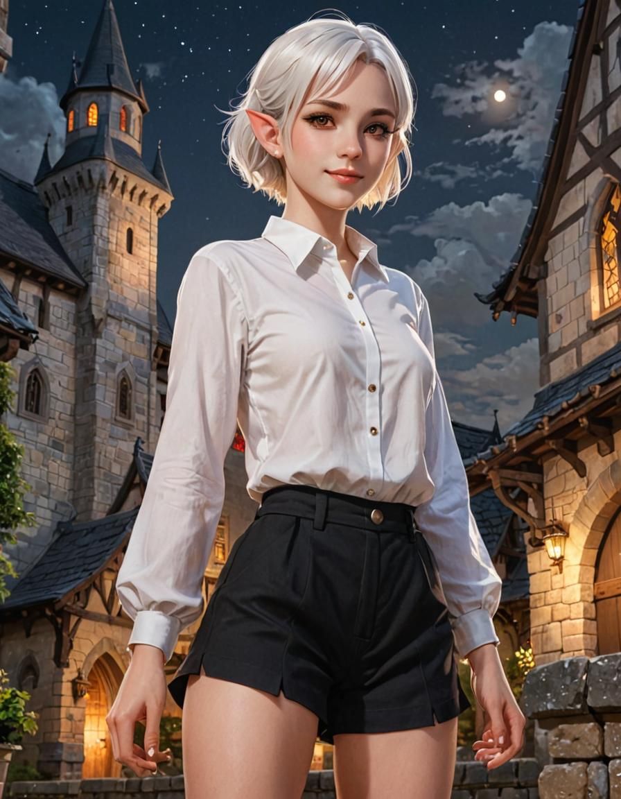 Anime Elf Character in Medieval Cityscape