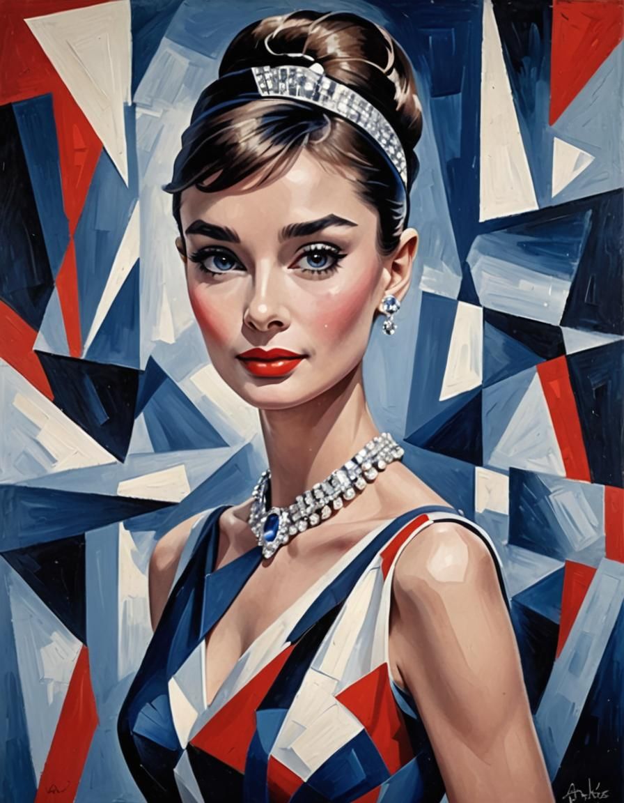 Elegant Woman in Blue: A Cubist Oil Painting