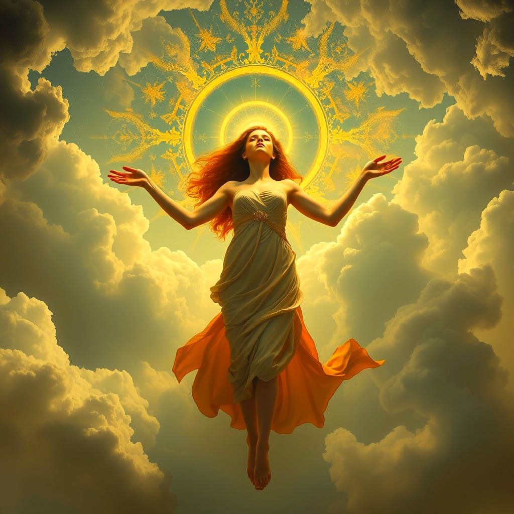 Vitruvian Female Figure in Cloudscape with Halo