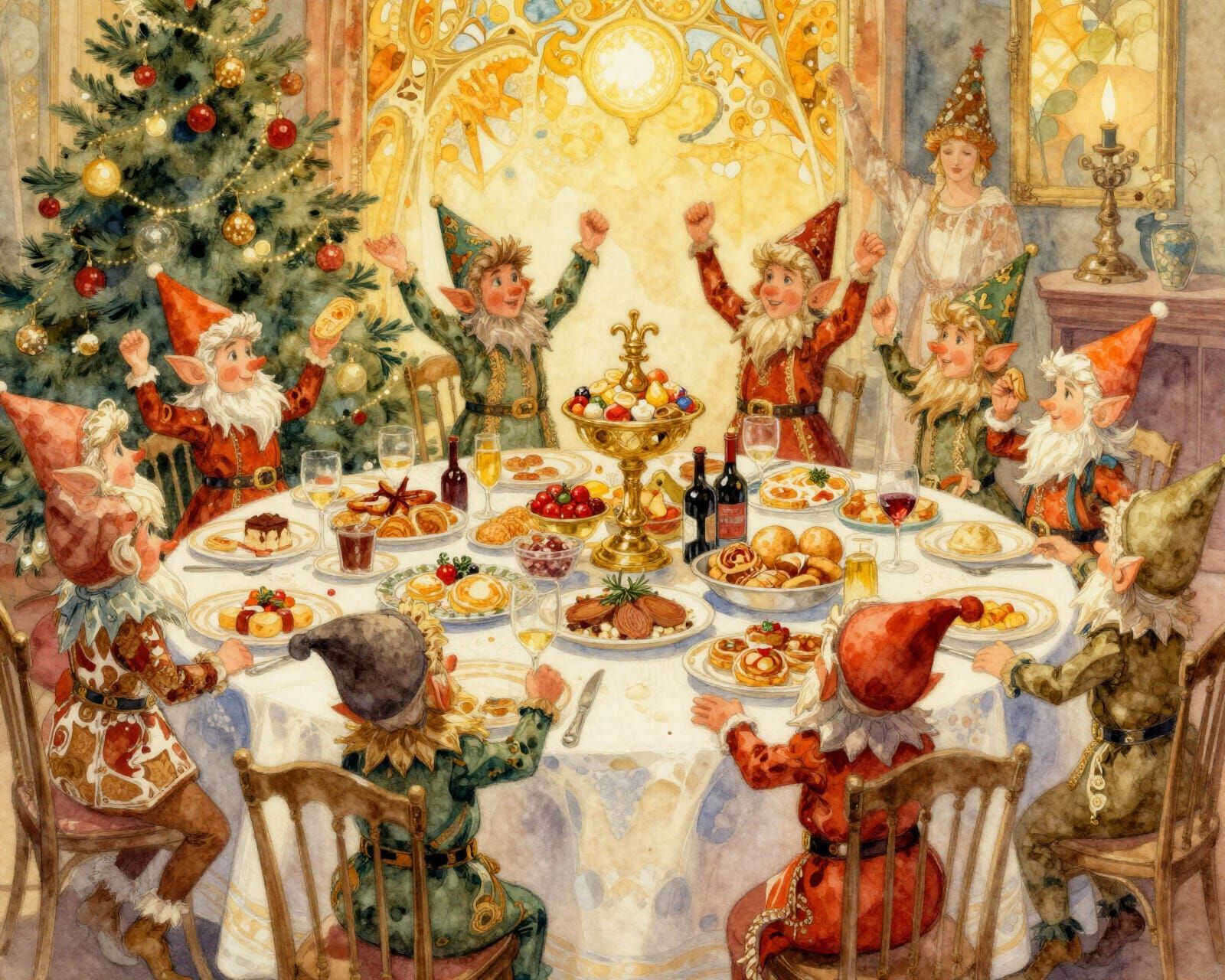 Christmas Elves Dancing on Feast Table in Art Nouveau Style