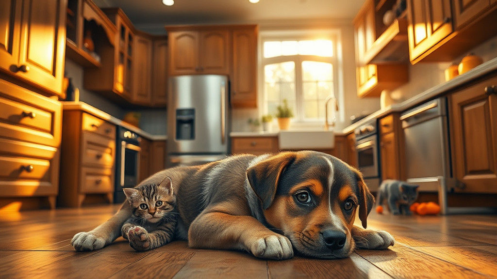 Warm Kitchen with Puppy, Photorealistic Digital Art