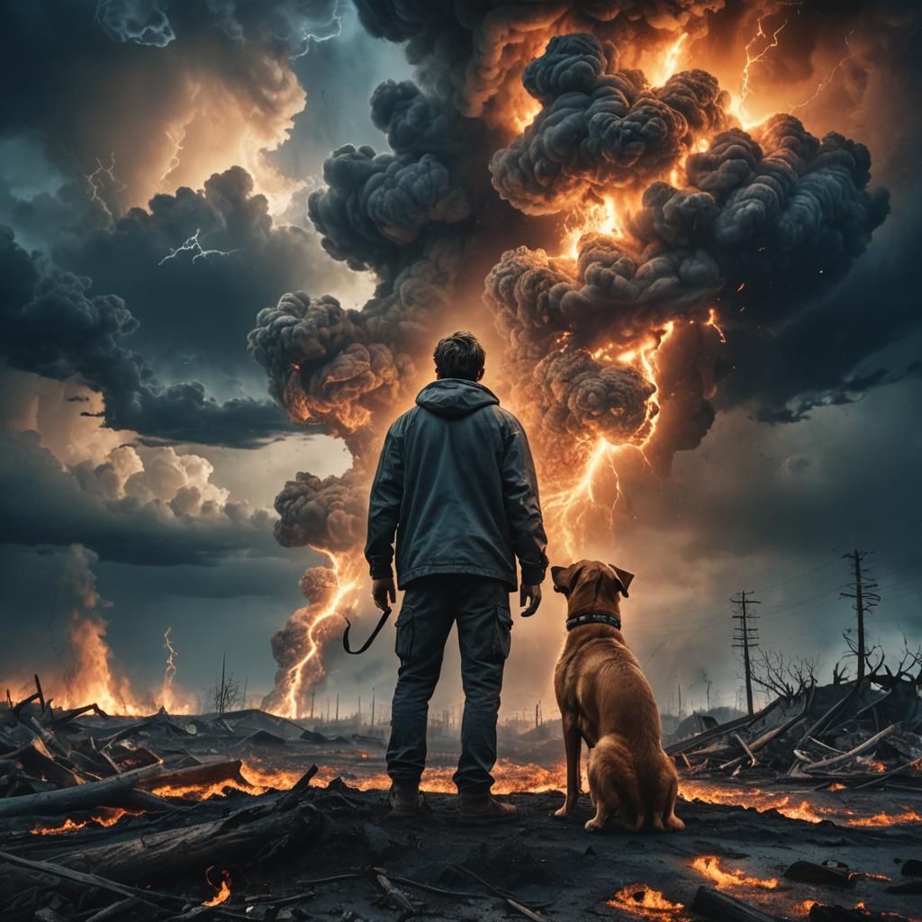 Apocalyptic Landscape: Man and Dog in Burning World
