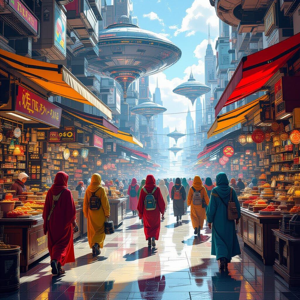 Bustling Intergalactic Bazaar in Zero Gravity