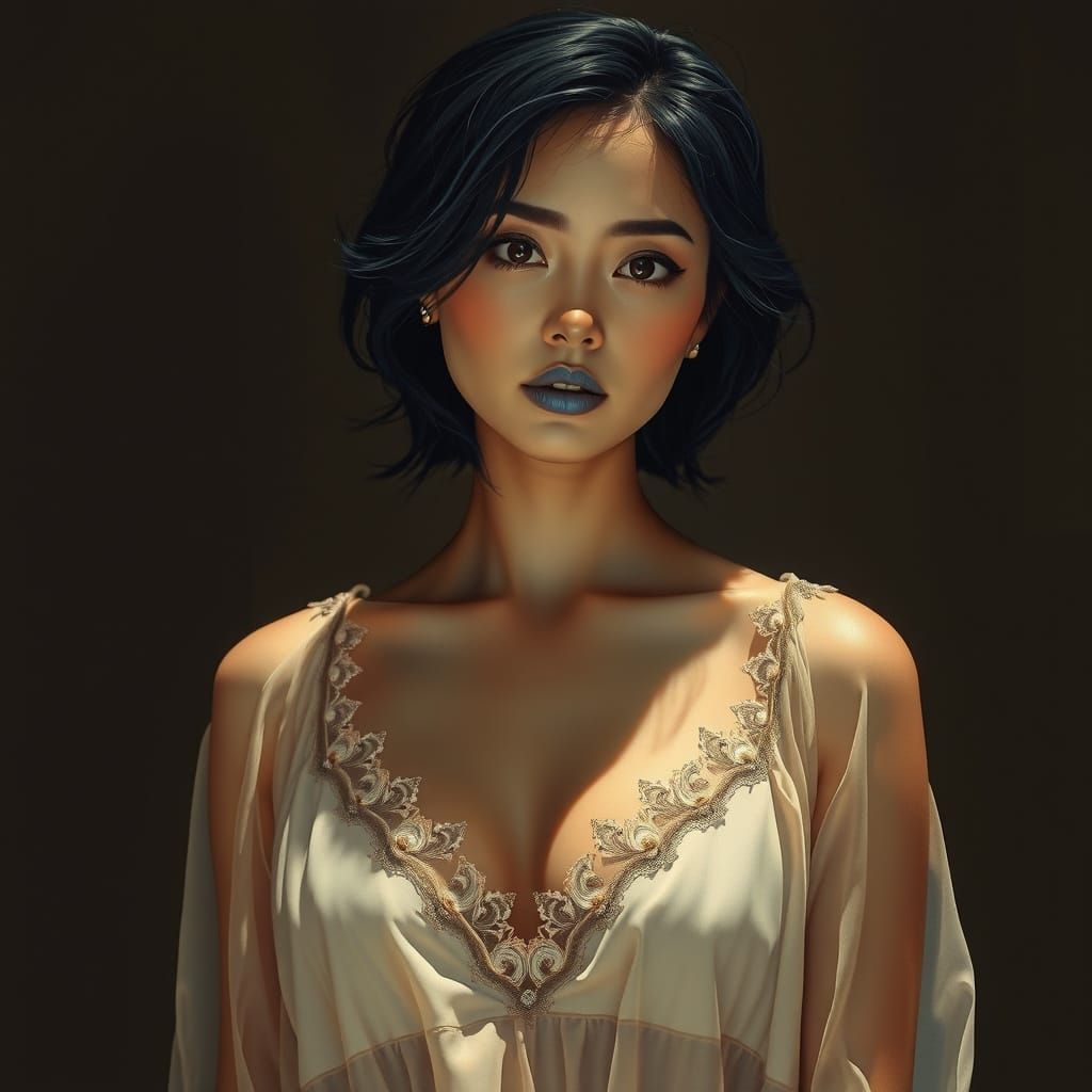 Sepia Portrait of Woman with Blue Lips and Hair