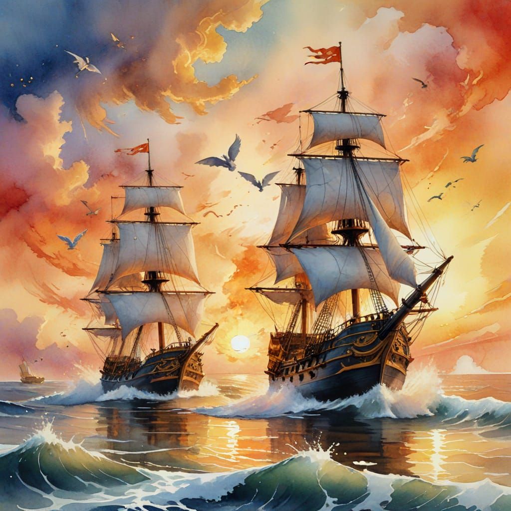 Anthropomorphic Cats in Watercolor Galleon Battle