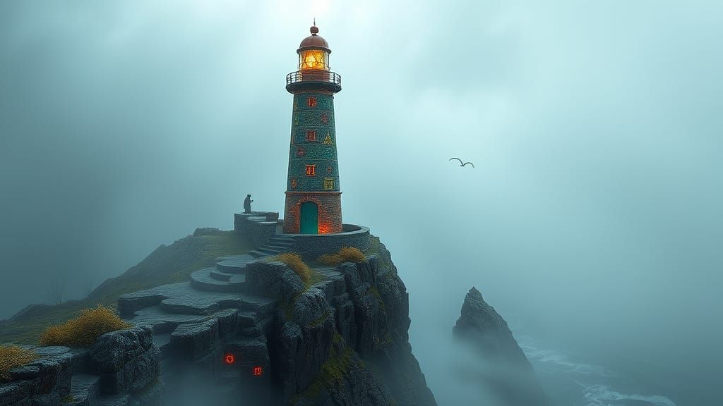 Surreal Lighthouse on Jagged Cliff in Klimt Style