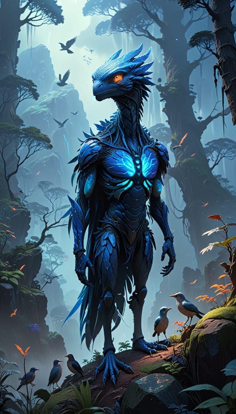 Alien Avatar in Misty Mountain Landscape, Hayao Miyazaki Ins...