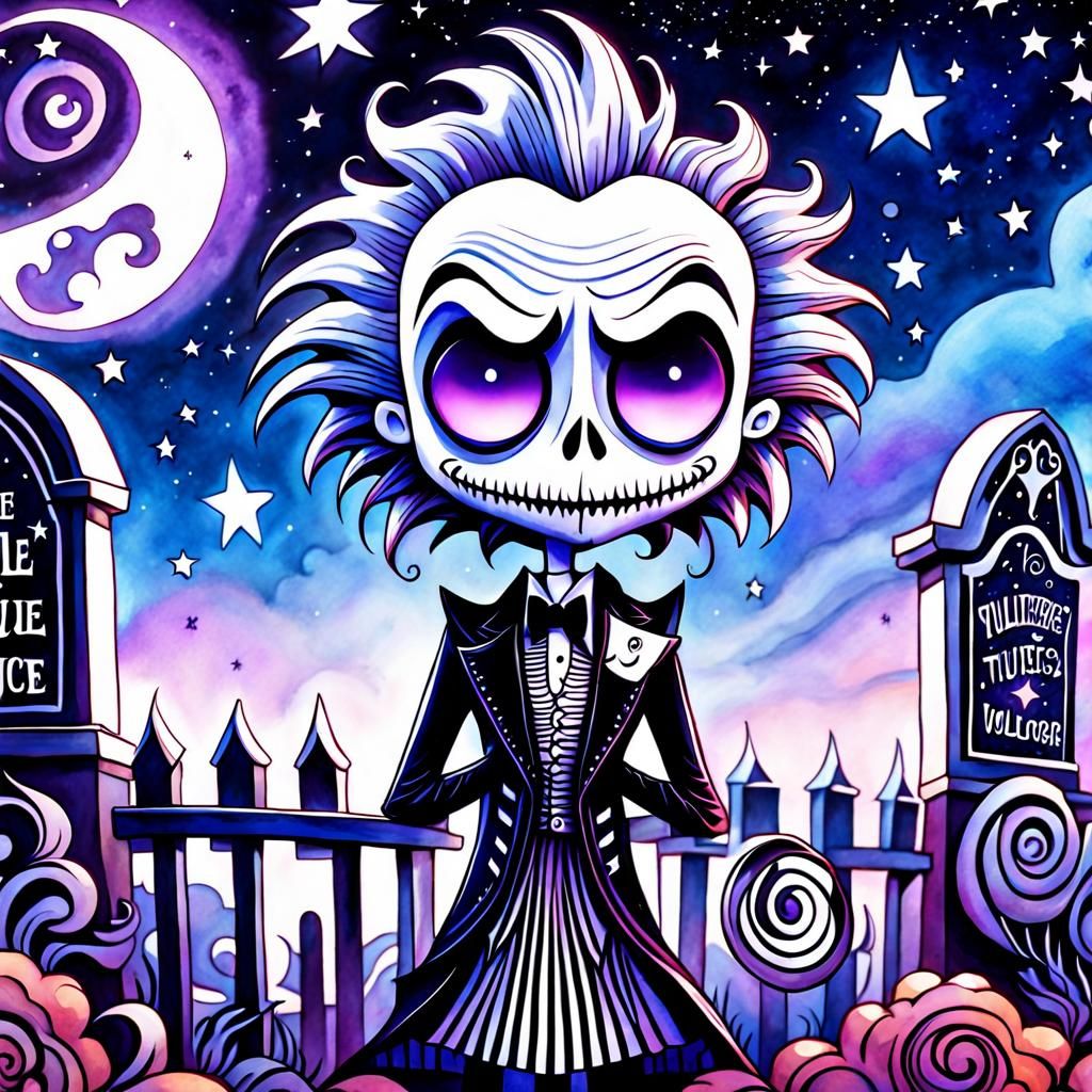 Chibi Beetlejuice Portrait in Watercolor Style