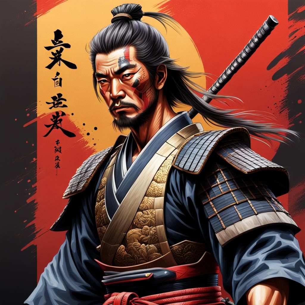 Edo Samurai Portrait with Scars in Hyperrealism