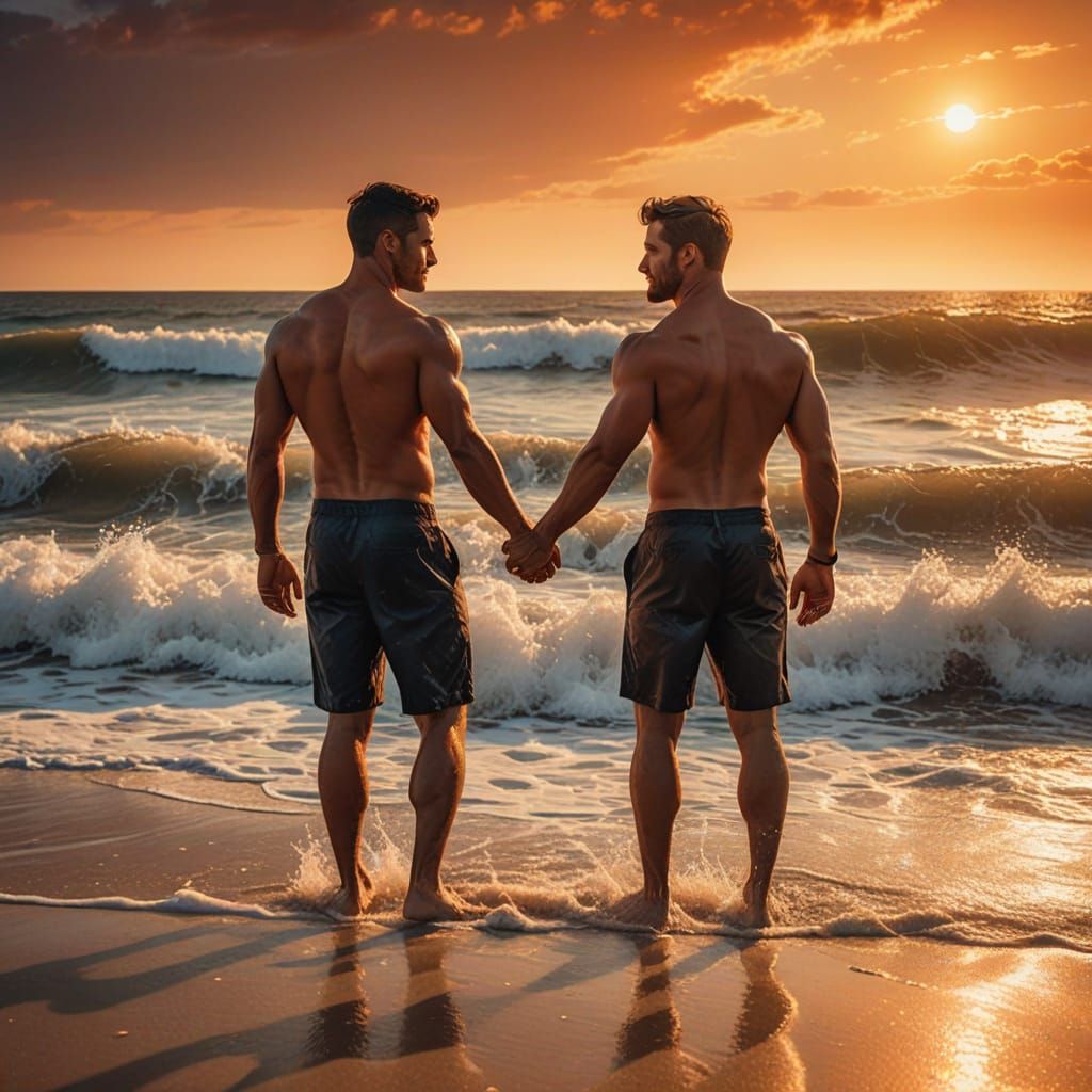 Gay Couple on Beach at Sunset in Cinematic Style