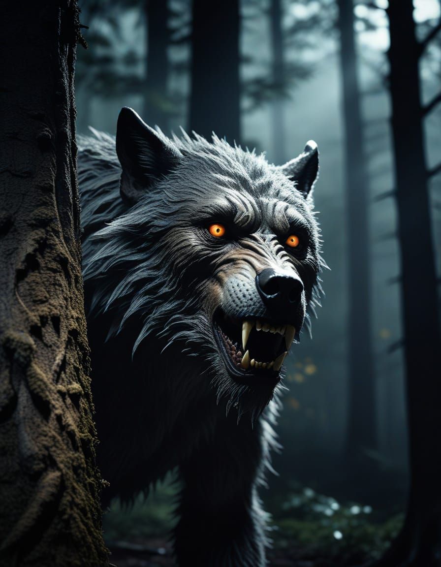 Dramatic Werewolf Peering from Misty Forest, Cinematic Still