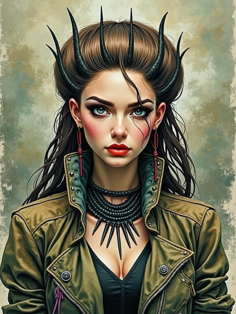 Edgy Woman in Studded Jacket: Oil Painting Portrait