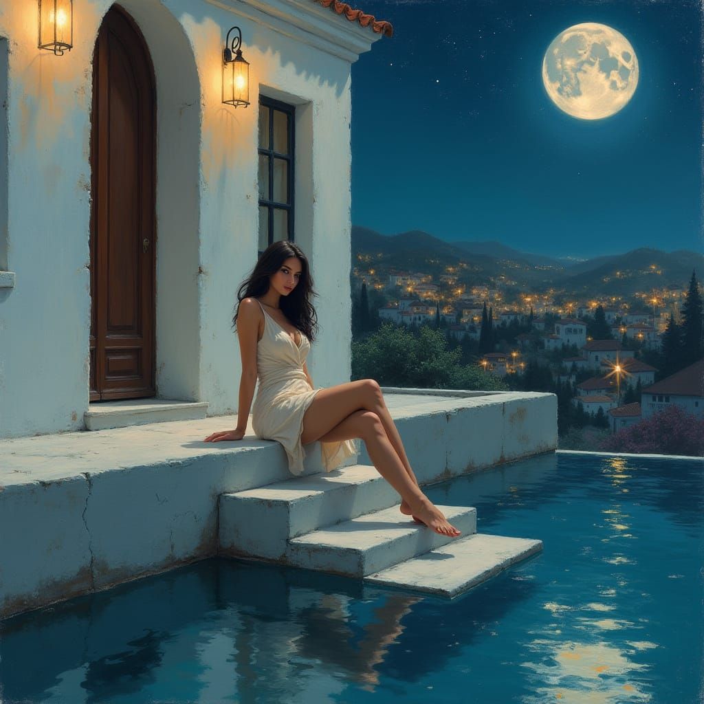 Woman by Water, Impressionist Night Scene