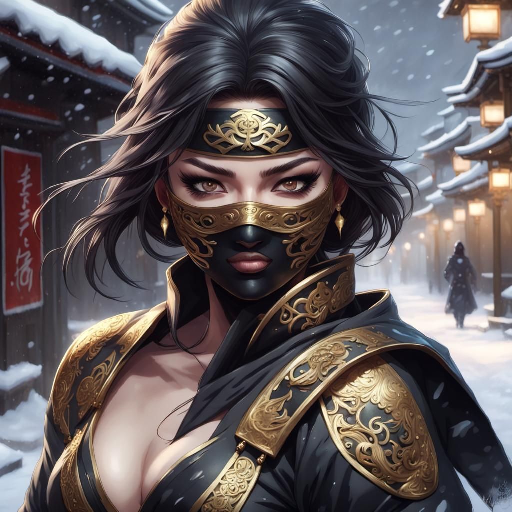 Masked Ninja in Snowy Town: Digital Art