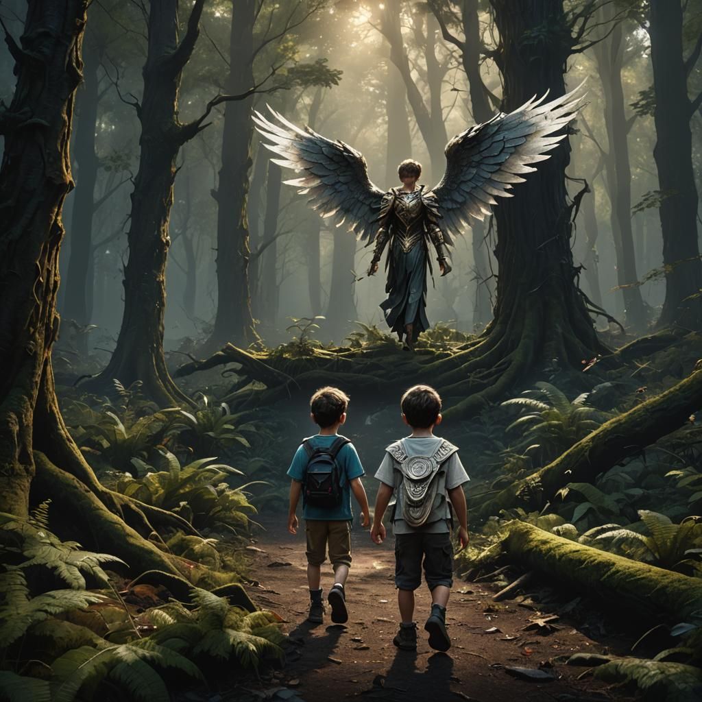 Boy in Dark Forest with Angel, Fantasy Art