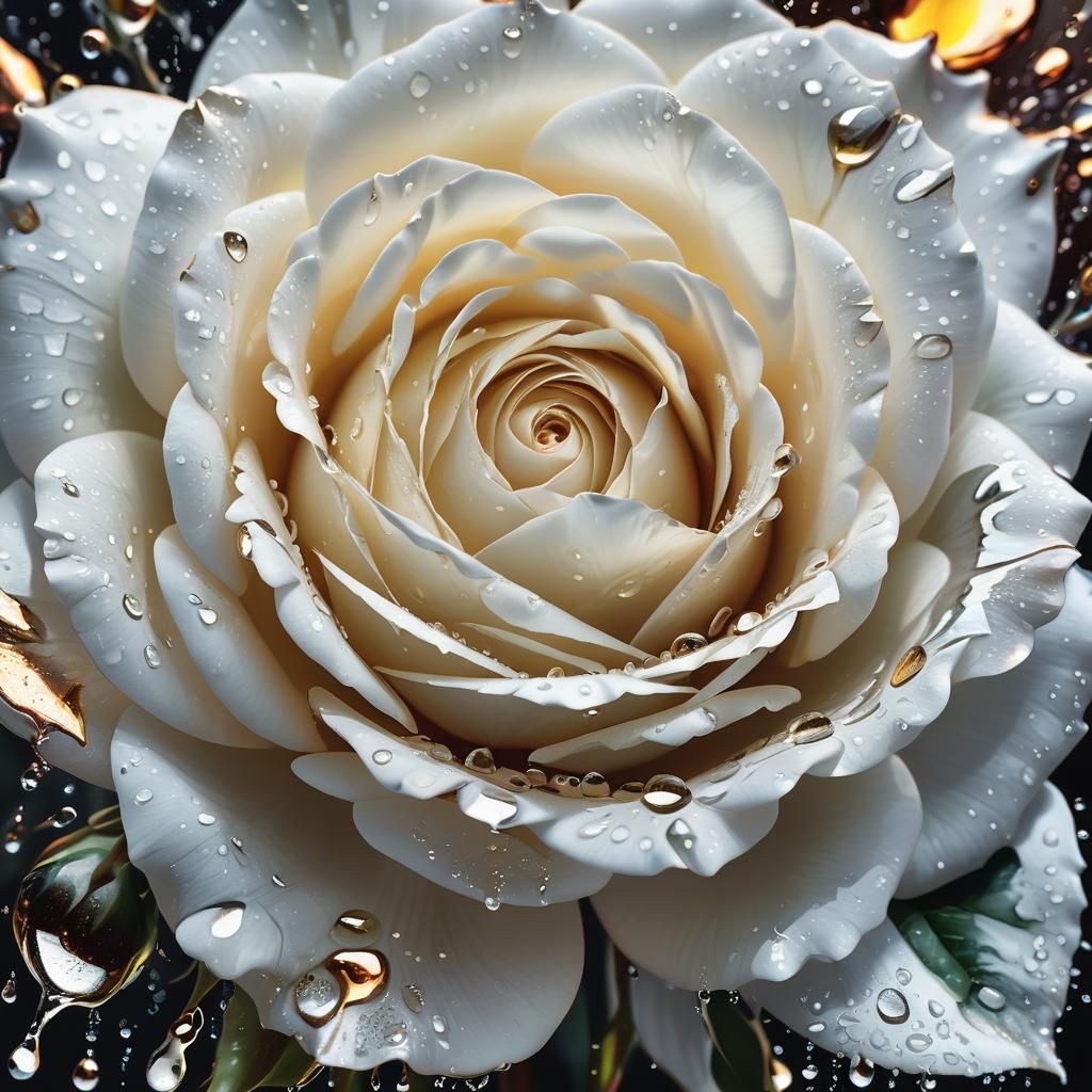 White Rose with Silver Splash: Fantastical Oil Painting