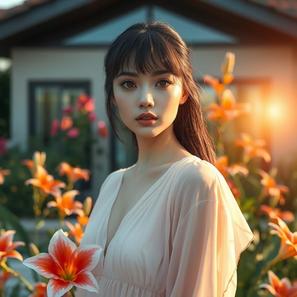 Beautiful Woman in Garden, Detailed Oil Painting