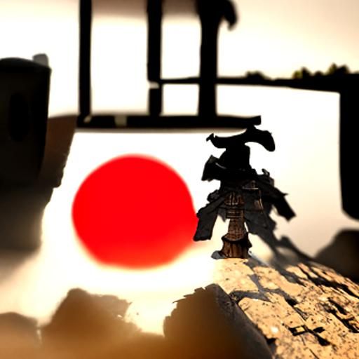 Samurai Silhouette at Sunset: 3D Rendered Scene