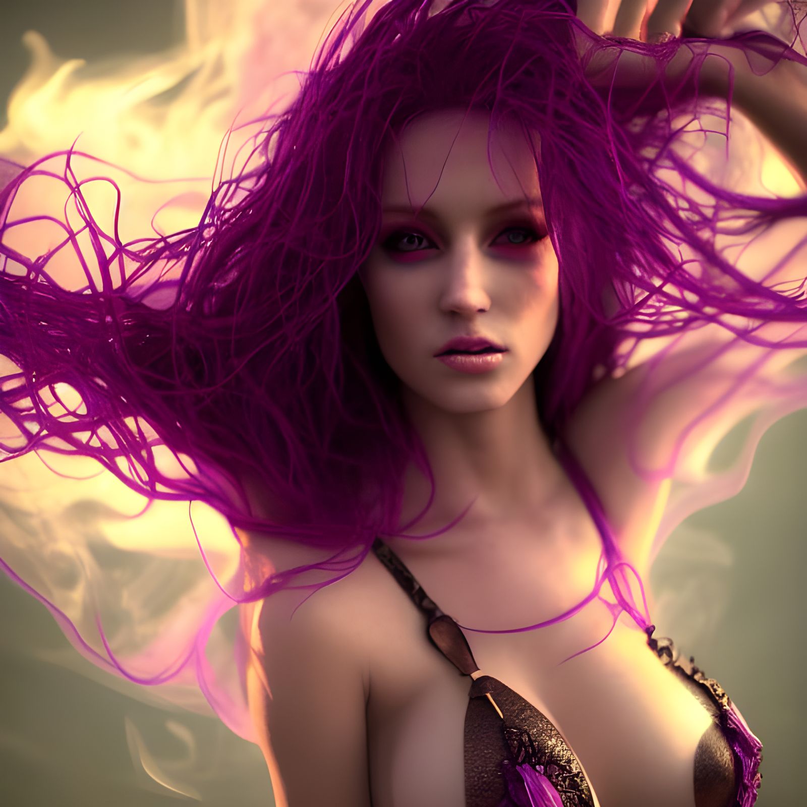 Sultry Sorceress Portrait with Swirling Smoke