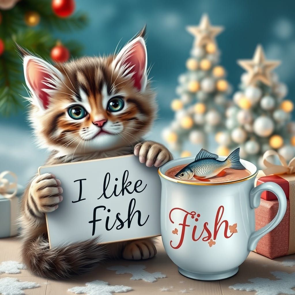 Cute Kitten Celebrates Christmas with Fish and Cocoa