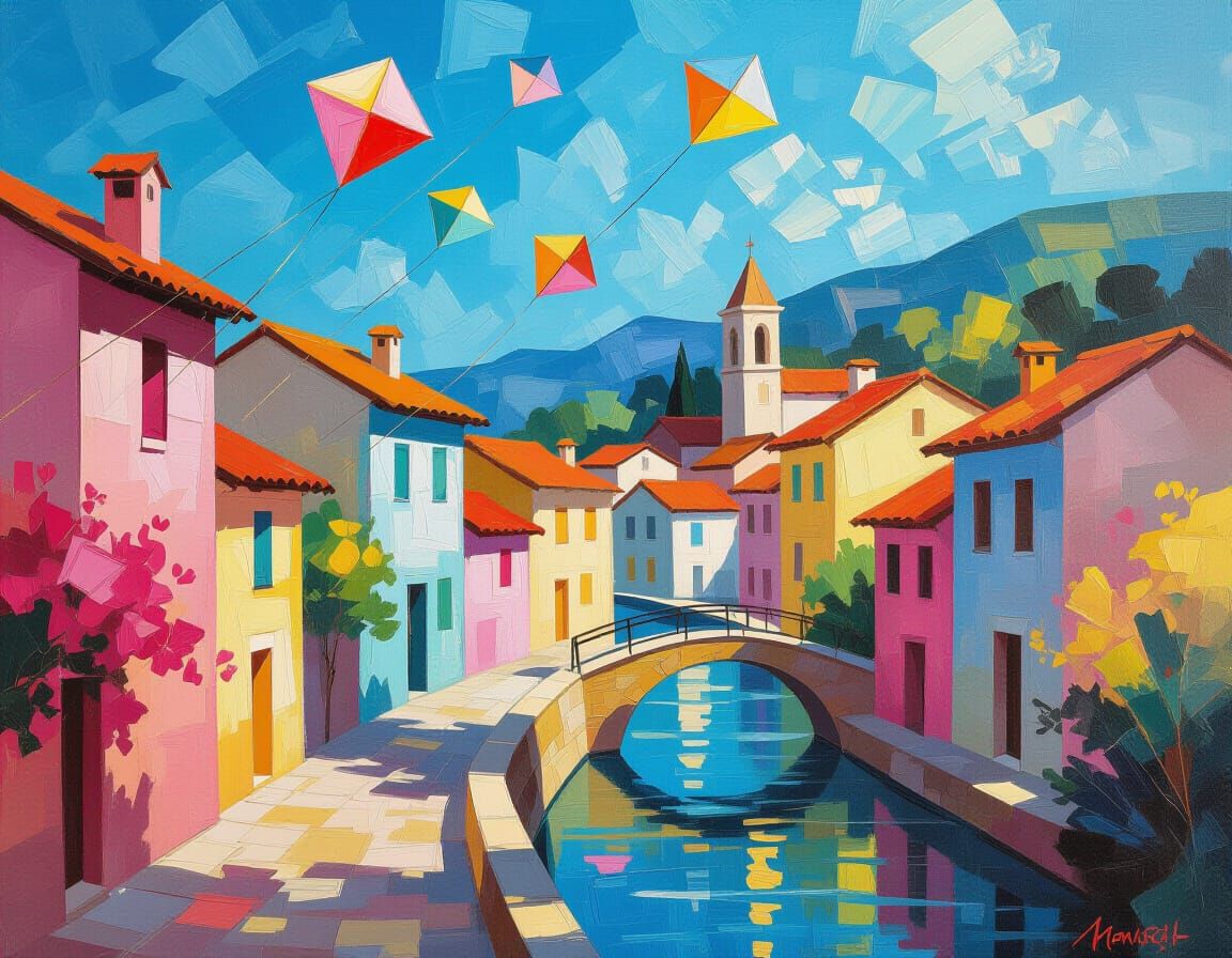 Colorful Kites Over Village: Impressionistic Painting