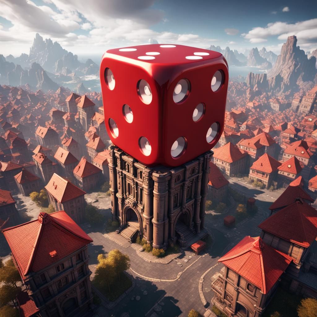 Gigantic Red Dice Dominates City: 3D Render