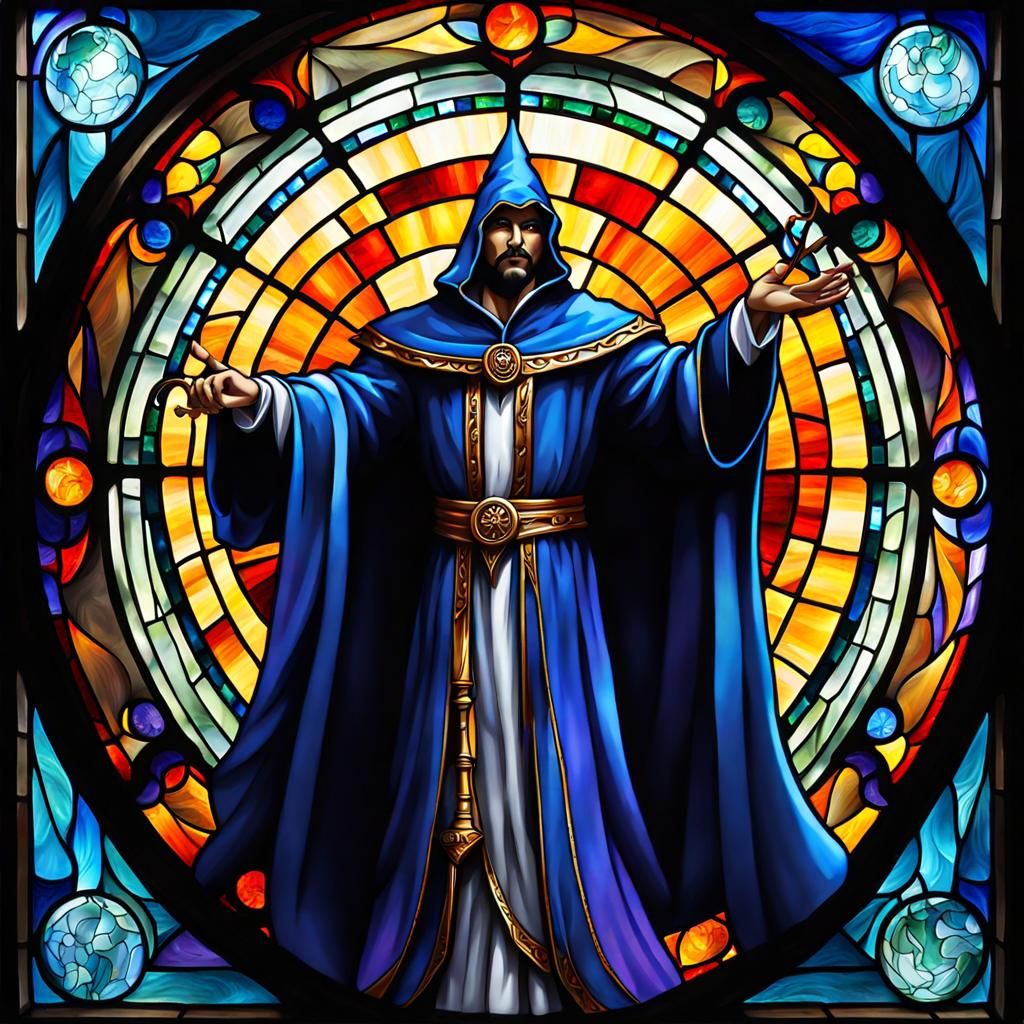 Latino Sorcerer as Stained Glass Statue