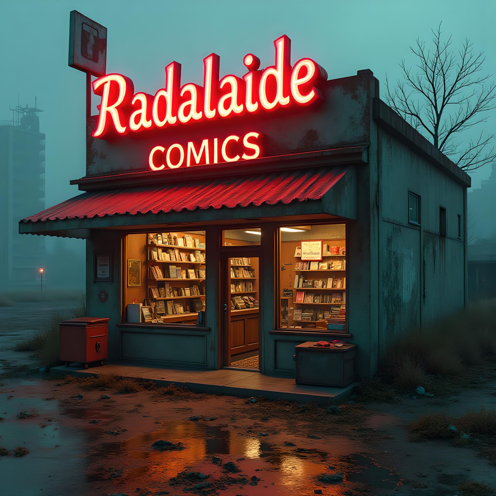 Post-Apocalyptic Comic Shop in Fallout Style