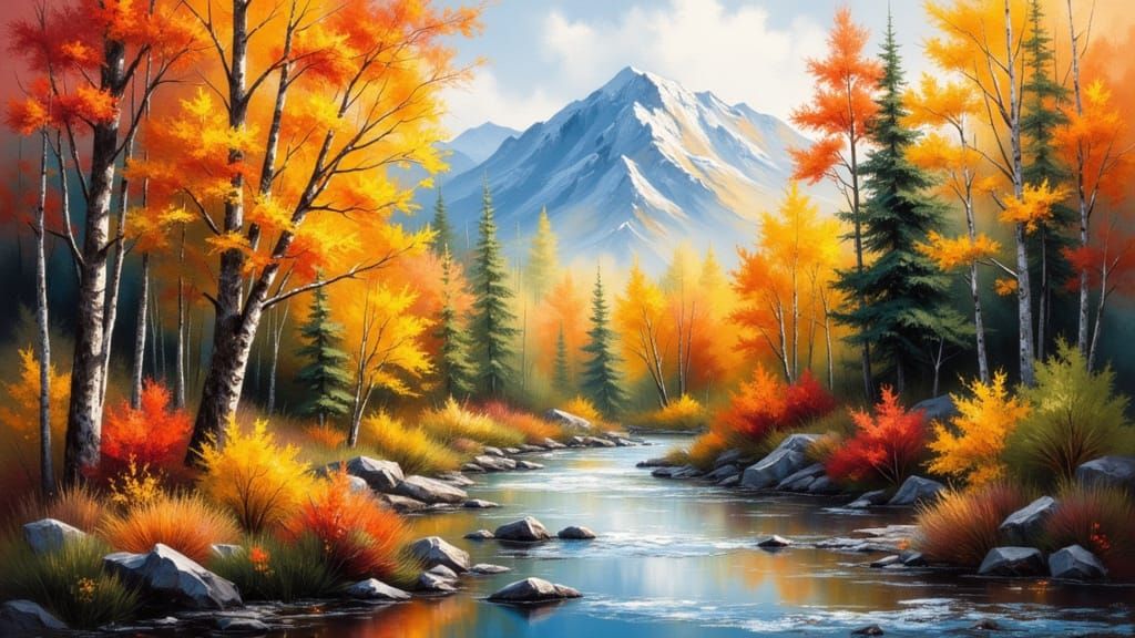 Autumn Mountain Stream Landscape in Bob Ross Style