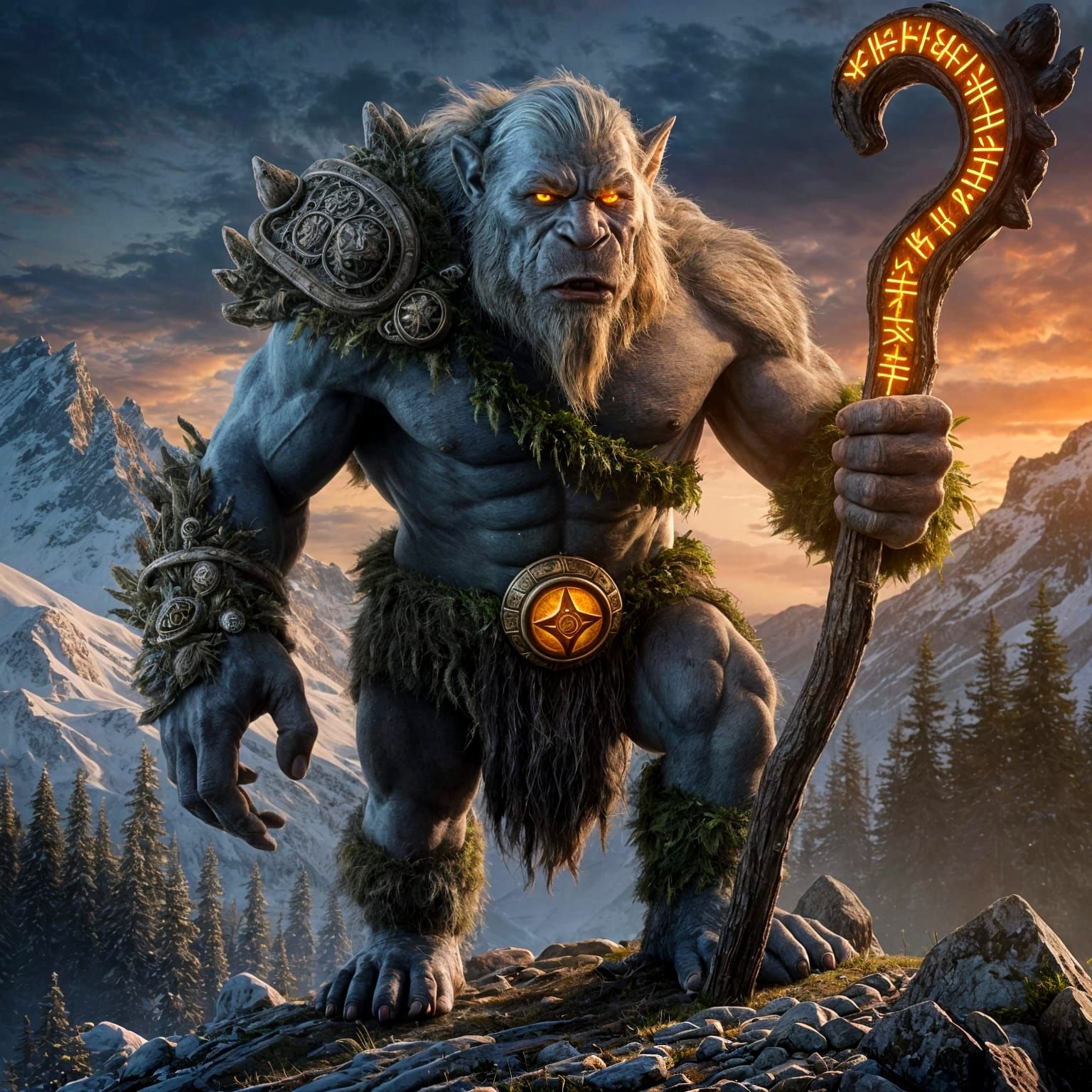 Majestic Mountain Troll in a Dramatic Sunset Landscape