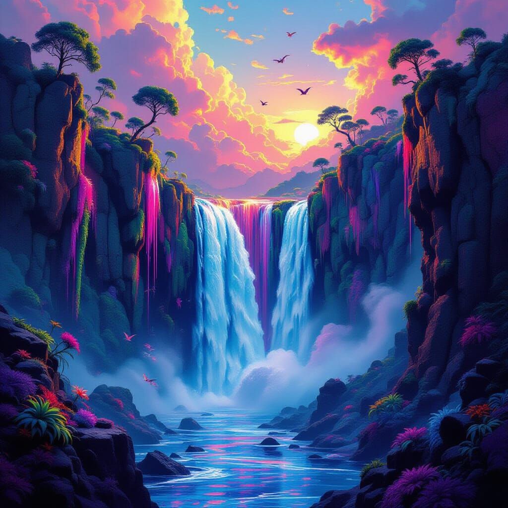 Psychedelic Blood Waterfall in Surreal Landscape