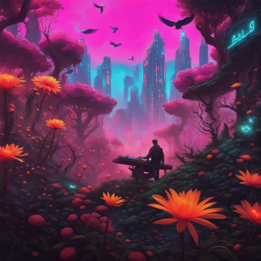 Neon Fairy in Cyberpunk Flower Forest