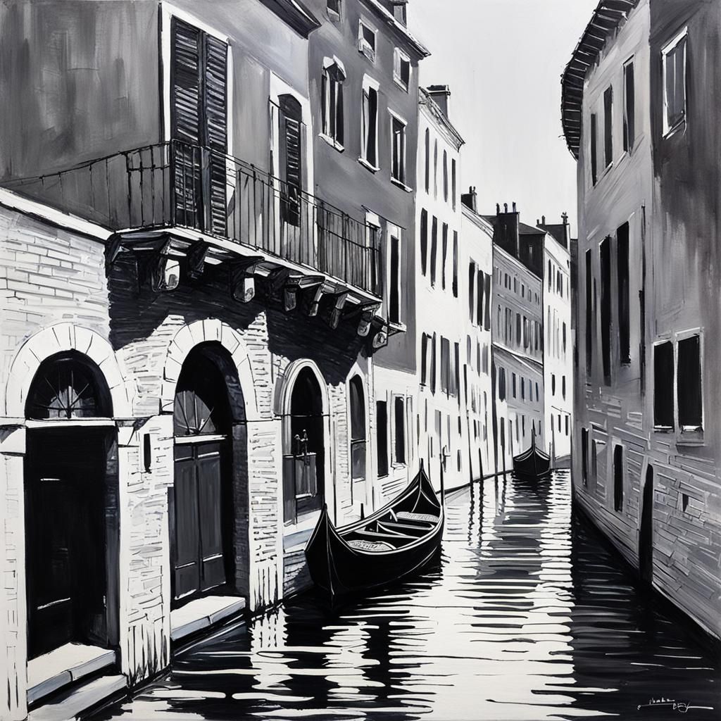 Monochrome Canal Scene in Oil Painting Style