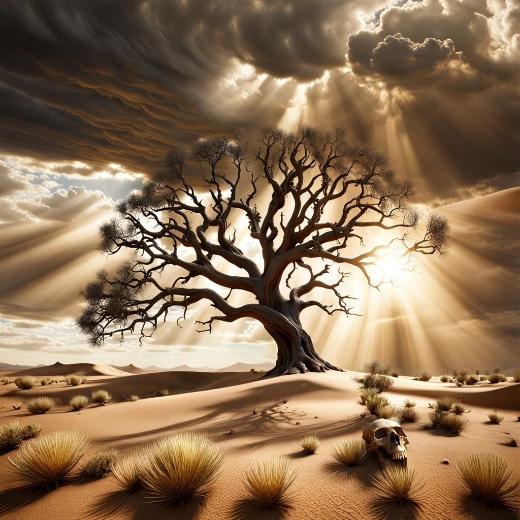 Eerie Wasteland: World Tree in a Desert Landscape